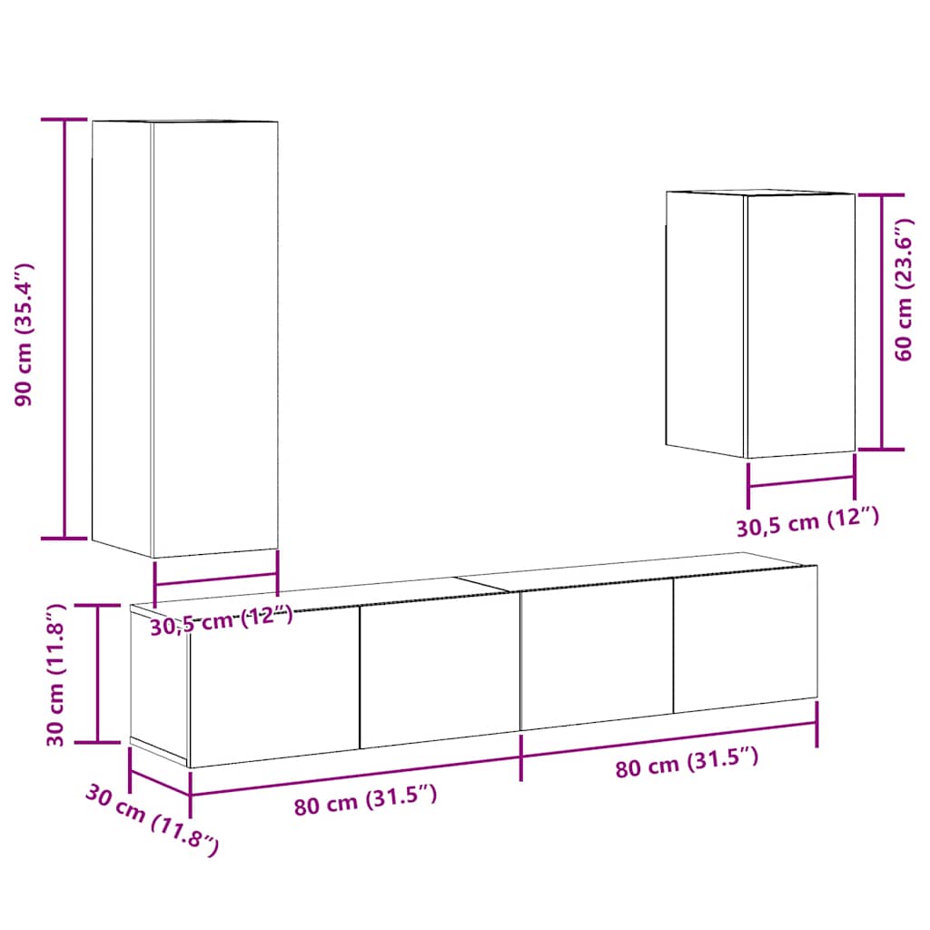 4-tlg. TV-Schrank-Set Wandmontage Artisan-Eiche Holzwerkstoff