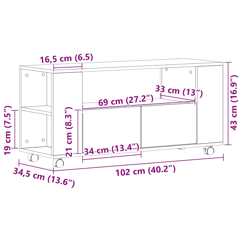 TV-Schrank mit Rollen Schwarz Eichen-Optik 102x34,5x43cm