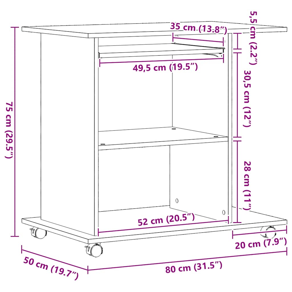 Computertisch Eiche schwarz 80x50x75 cm Holzwerkstoff