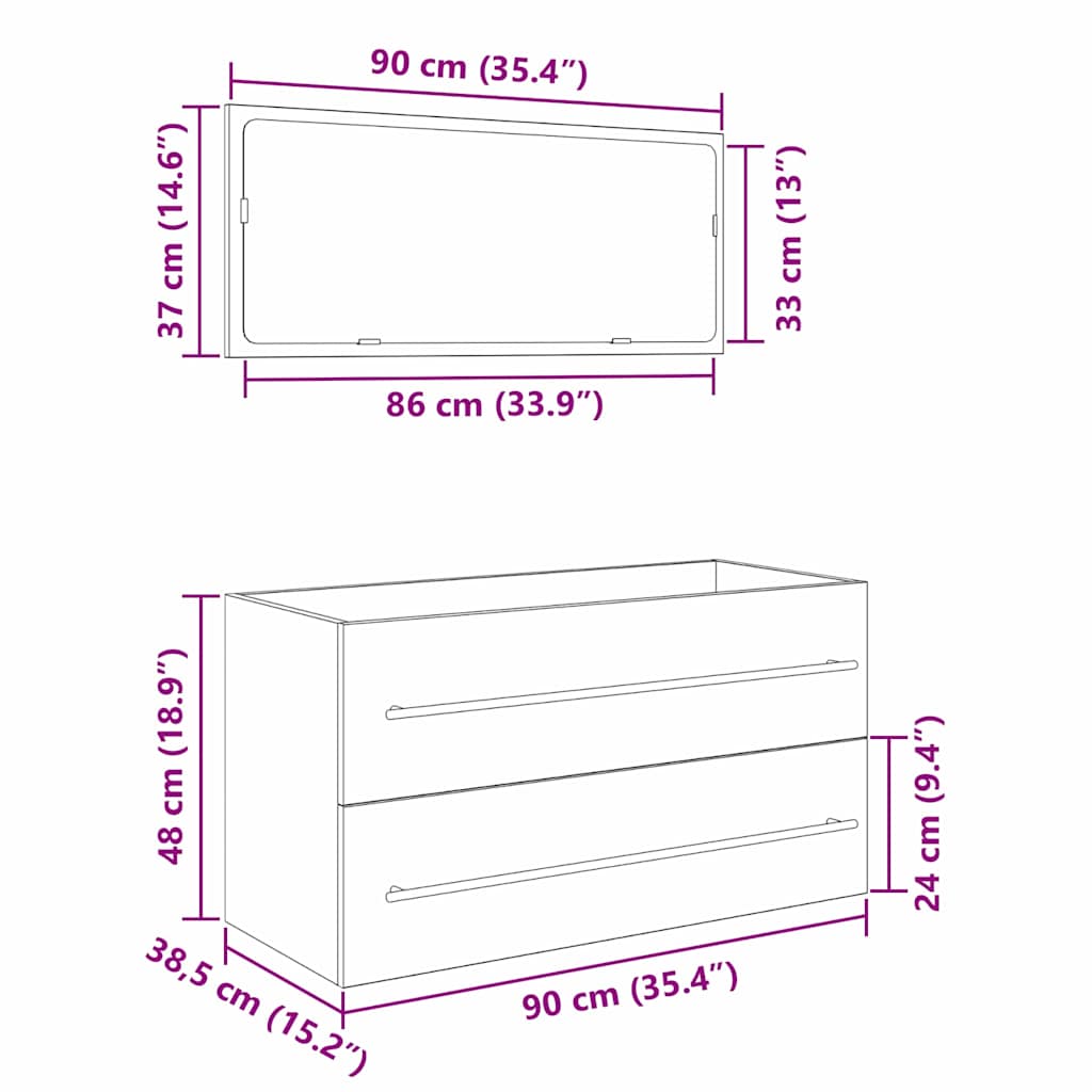 Waschbecken-Schrank mit Spiegel Schwarze Eiche 90 x 45 x 1.5 cm