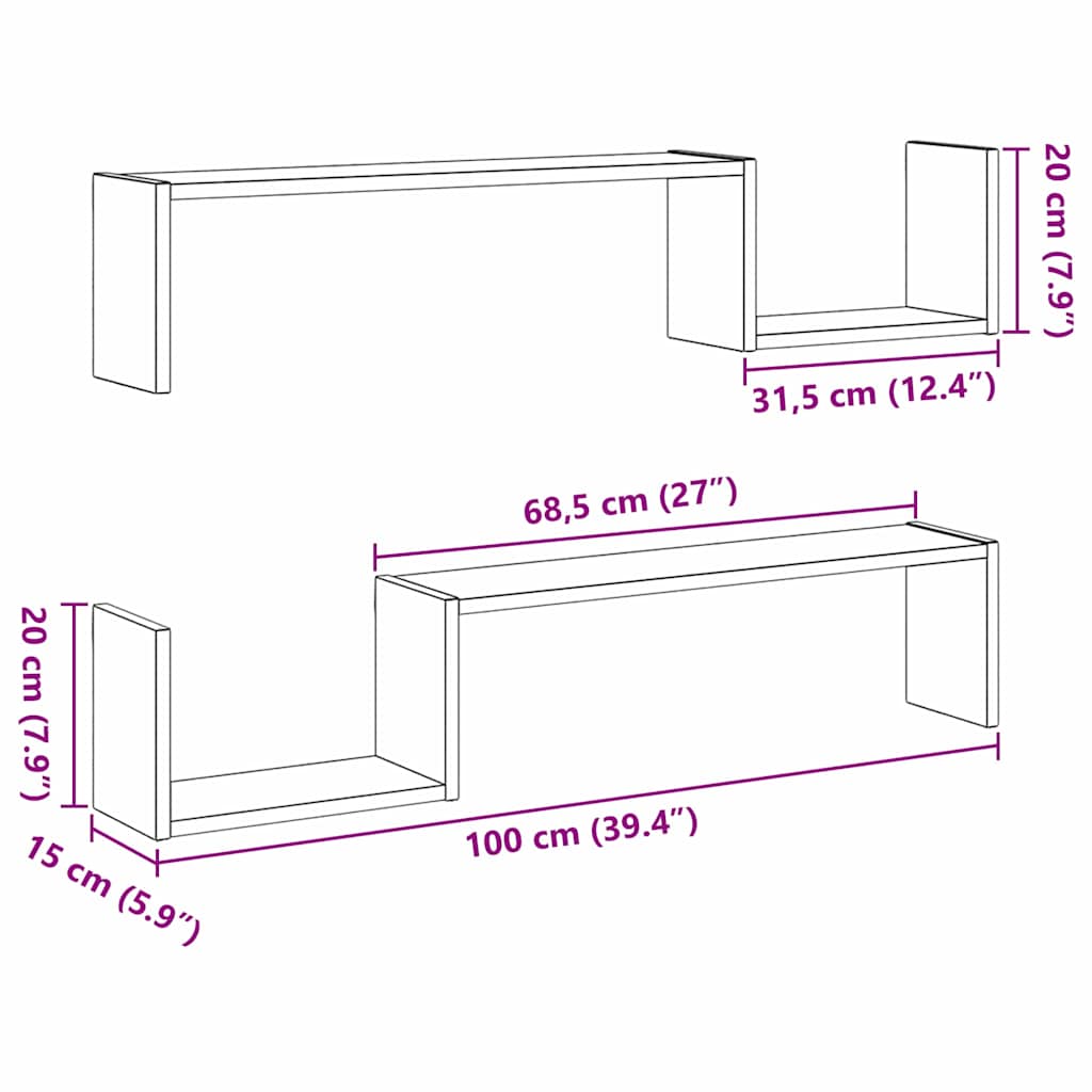 Wandregal 2 pcs Schwarze Eiche 100 x 15 x 20 cm Holzwerkstoff