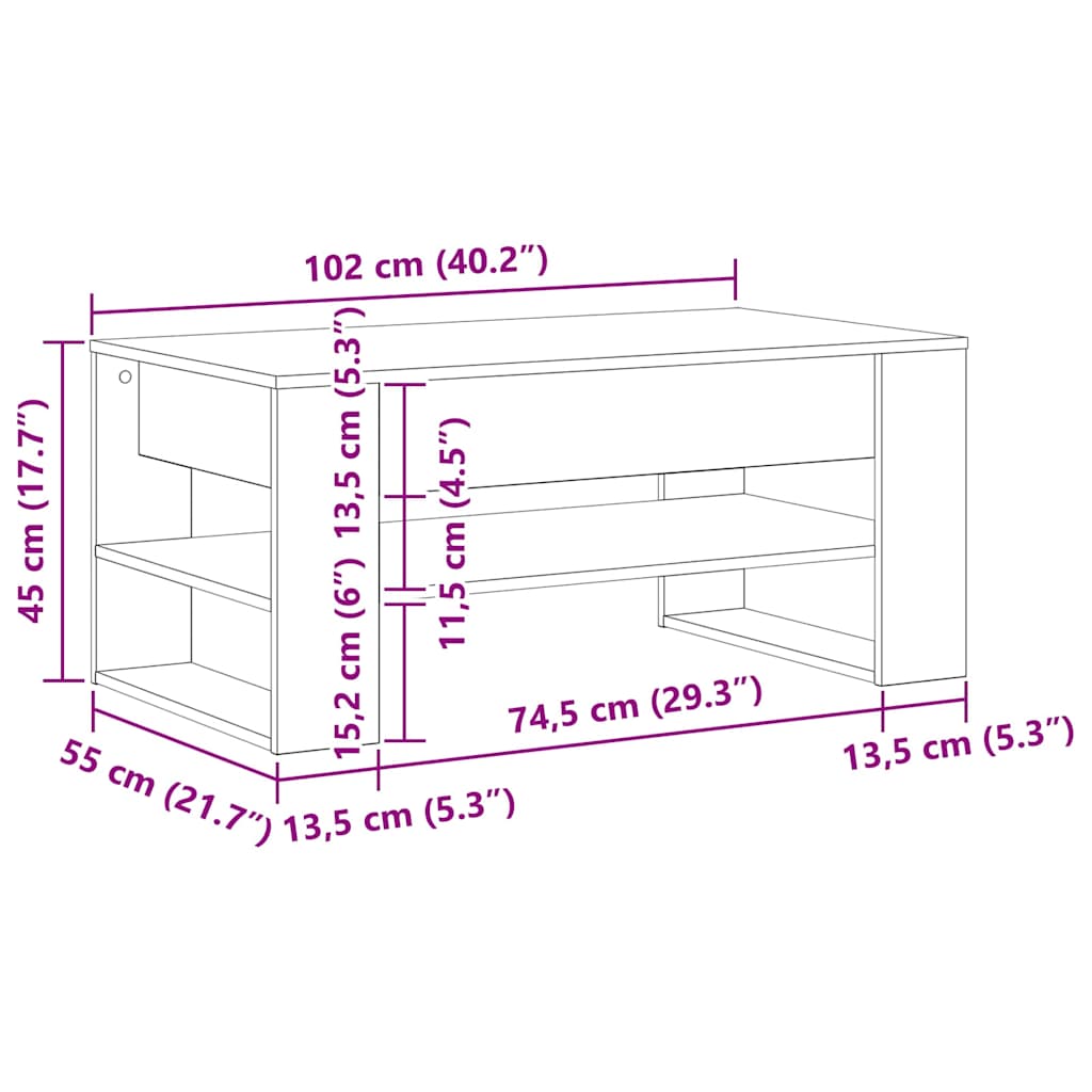 Couchtisch Eiche handwerklich 102 x 55 x 45 cm Holzwerkstoff