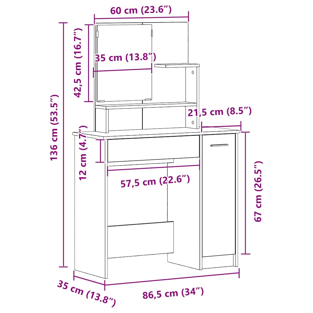 Schminktisch Schwarze Eiche 86.5 x 35 x 136 cm Holzwerkstoff