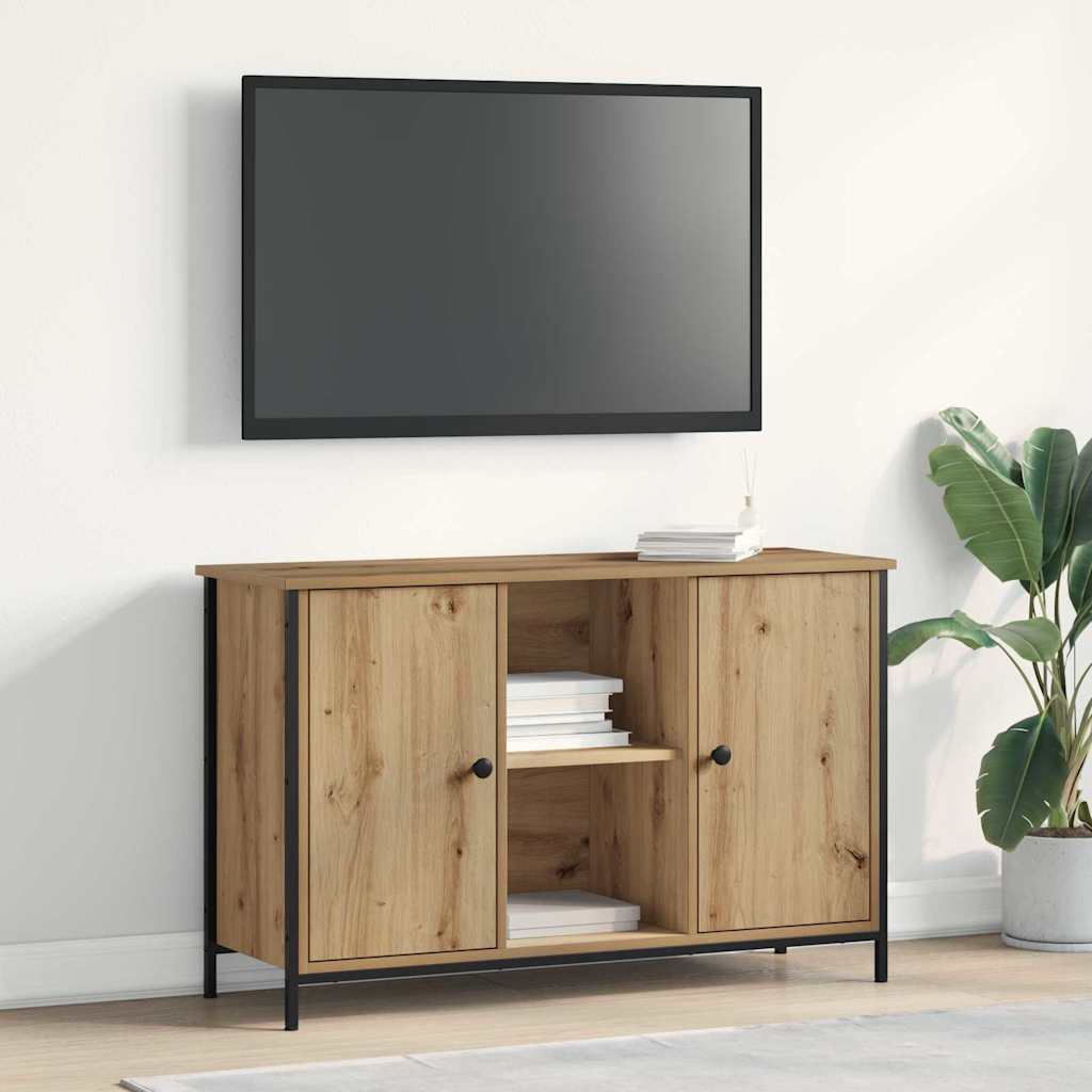 TV-Schrank Schwarz Eiche 101x35x65 cm Engineered Wood und Stahl