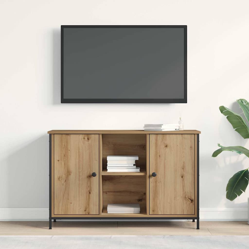 TV-Schrank Schwarz Eiche 101x35x65 cm Engineered Wood und Stahl