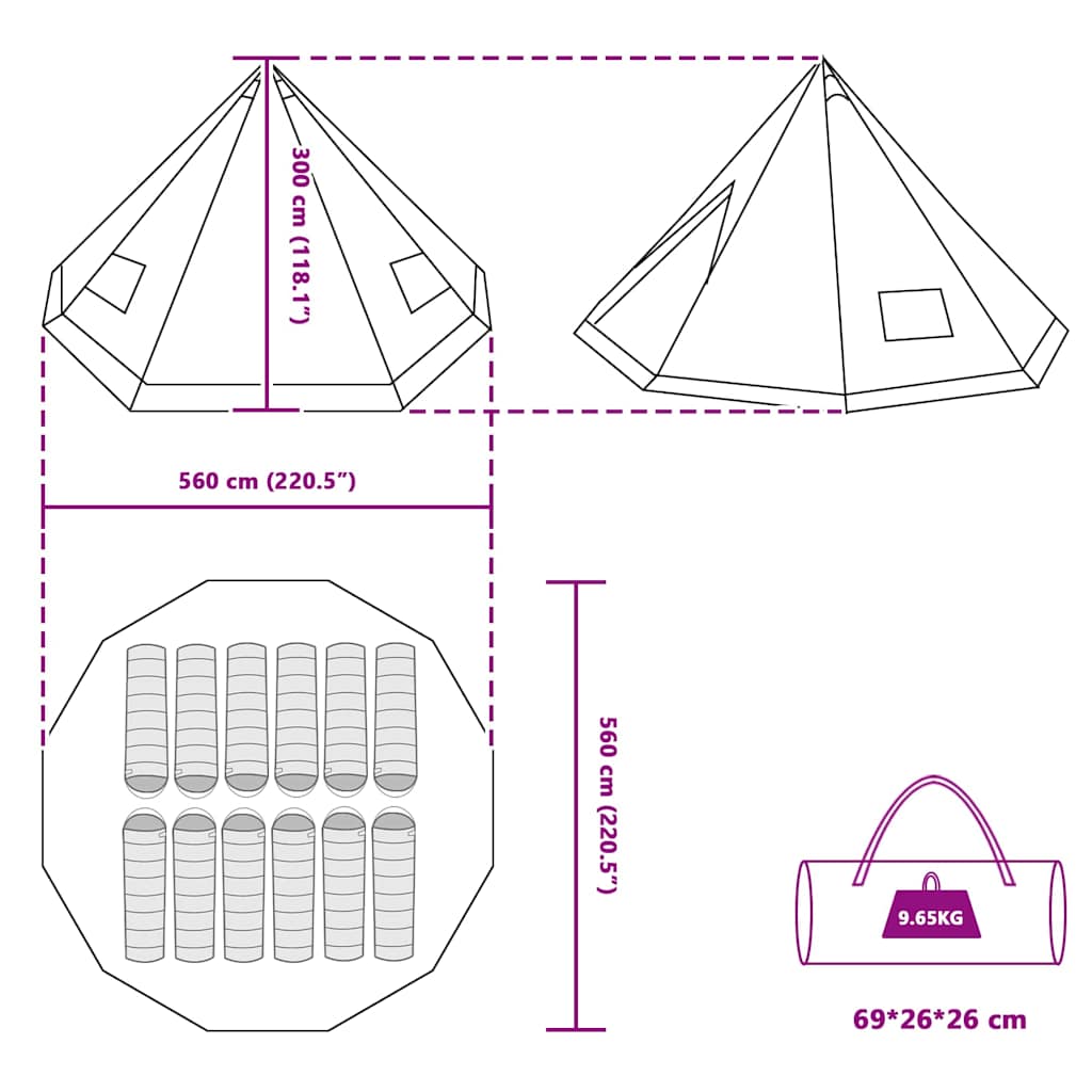 Familien-Tipi-Zelt mit Dach Grün 560 x 560 x 300 cm