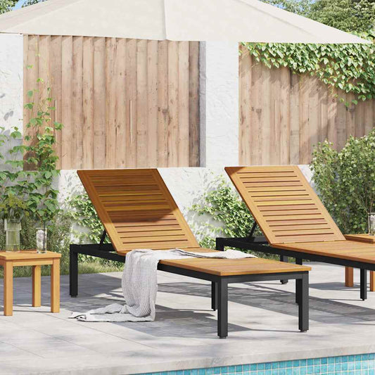 Sonnenliege 1-Person Schwarz 200 x 55 x 35cm Massivholz Akazie