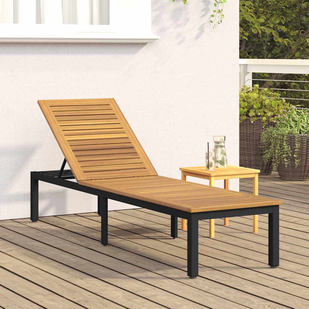 Sonnenliege 1-Person Schwarz 200 x 55 x 35cm Massivholz Akazie