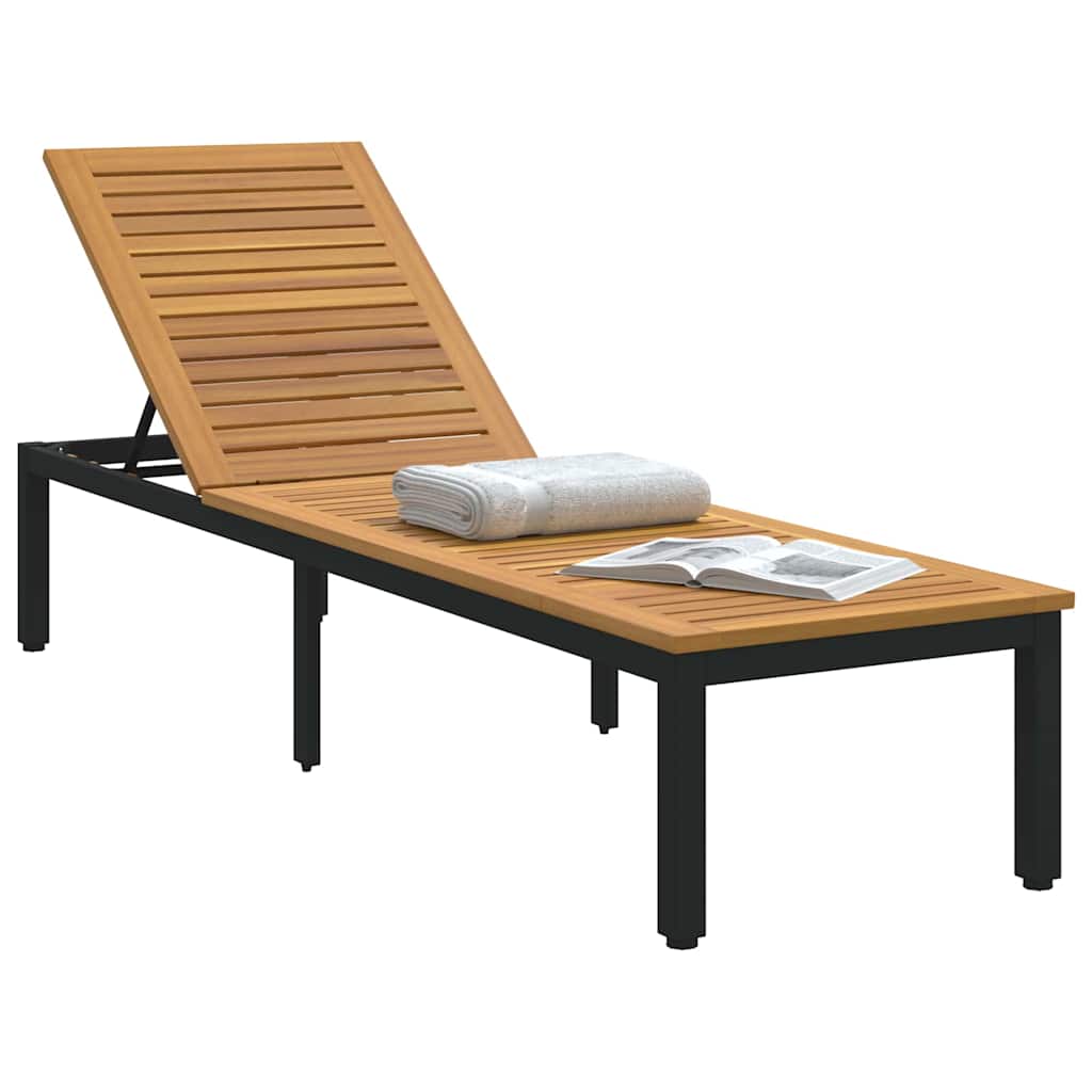 Sonnenliege 1-Person Schwarz 200 x 55 x 35cm Massivholz Akazie
