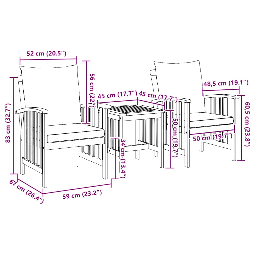 Garten-Sofa-Set mit Kissen 3 pcs Braun Massivholz Akazie
