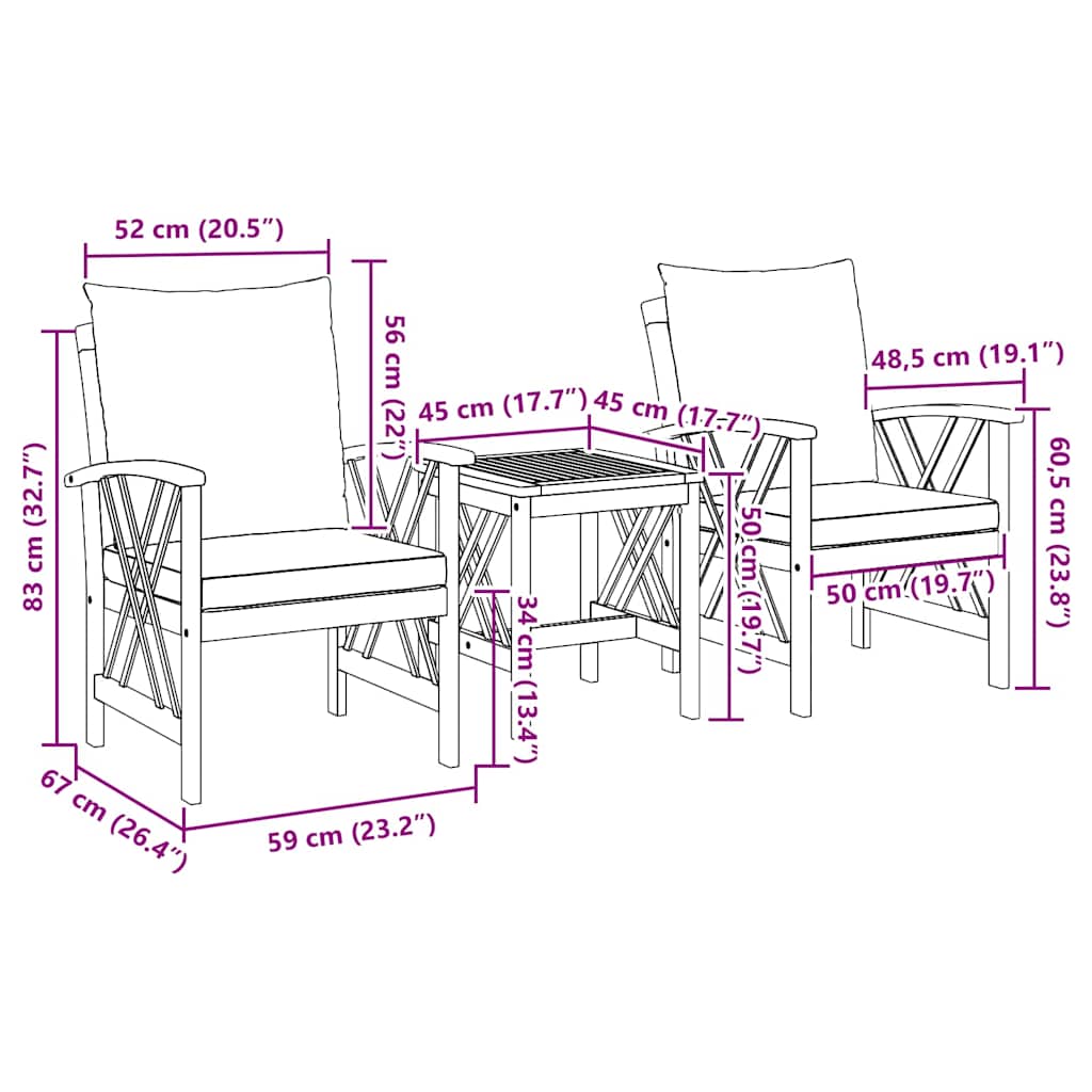 Garten-Sofa-Set mit Kissen 3 pcs Braun Massivholz Akazie