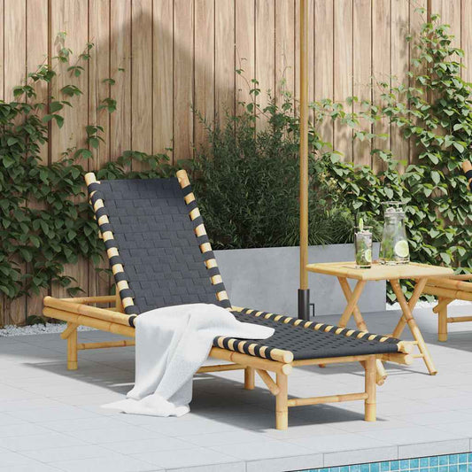 Sonnenliege mit schwarzem gewebtem Gurtband 55x200x30 cm Bambus