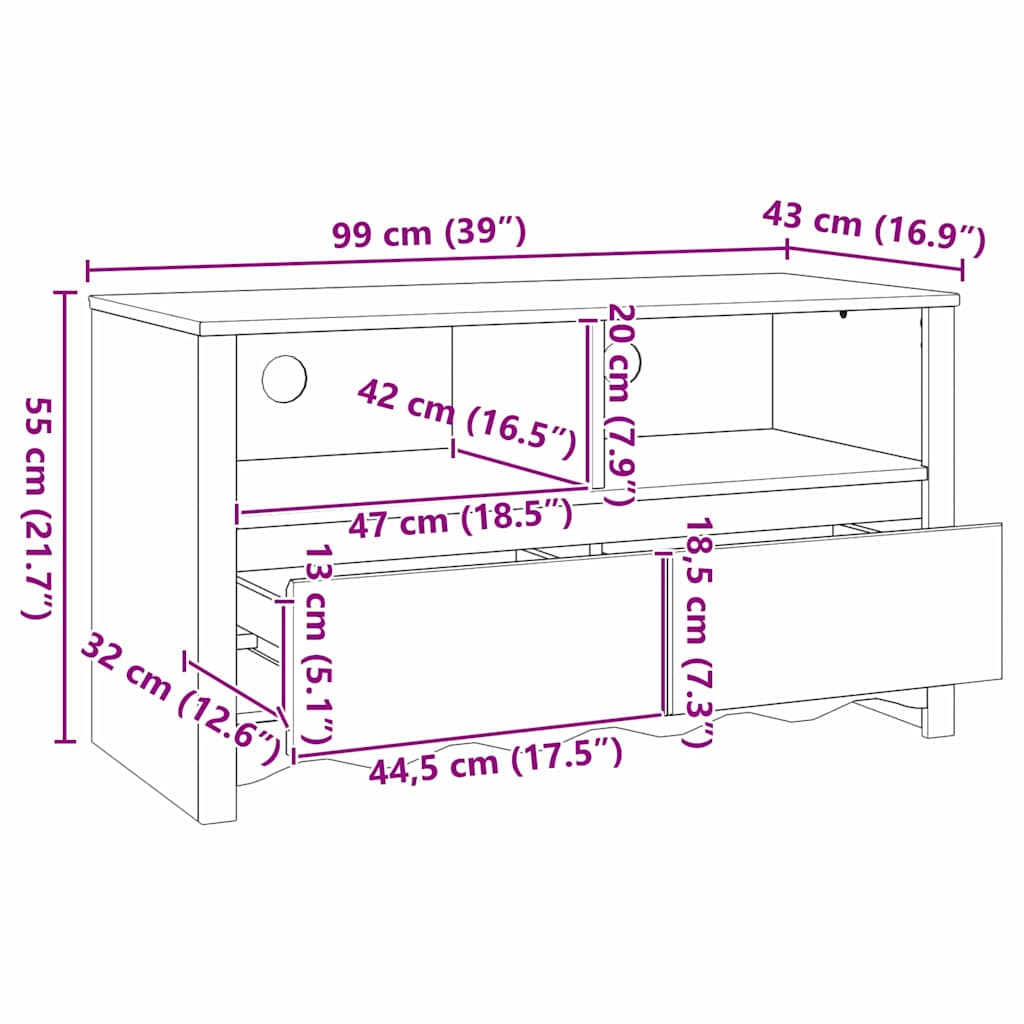 TV-Schrank Weiß 99 x 43 x 55 cm Massivholz Kiefer