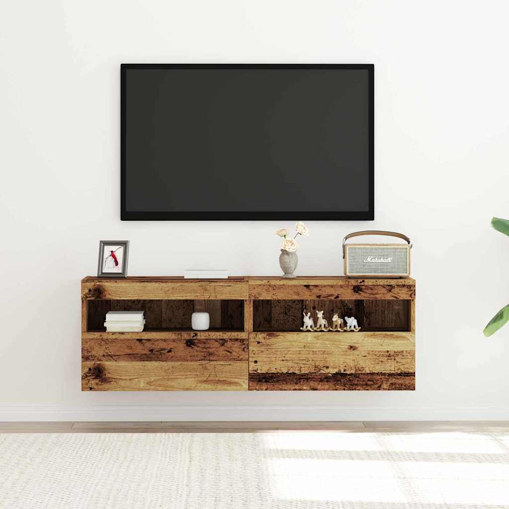 TV-Wandschränke mit LED-Lichtern 2 Stück Altes Holz 60x30x40 cm