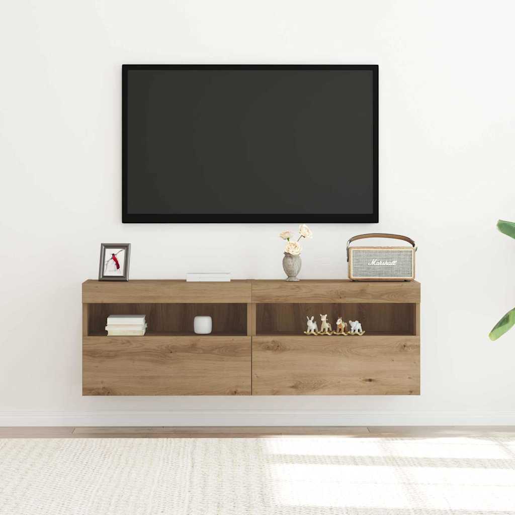 TV-Wandregale mit LED-Lichtern 2 Stück Artisan Eiche 60x30x40 cm