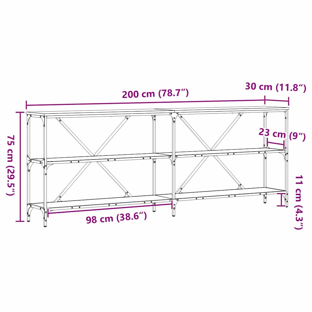 Konsolentisch mit Regal Eiche handwerklich 200 x 30 x 75 cm
