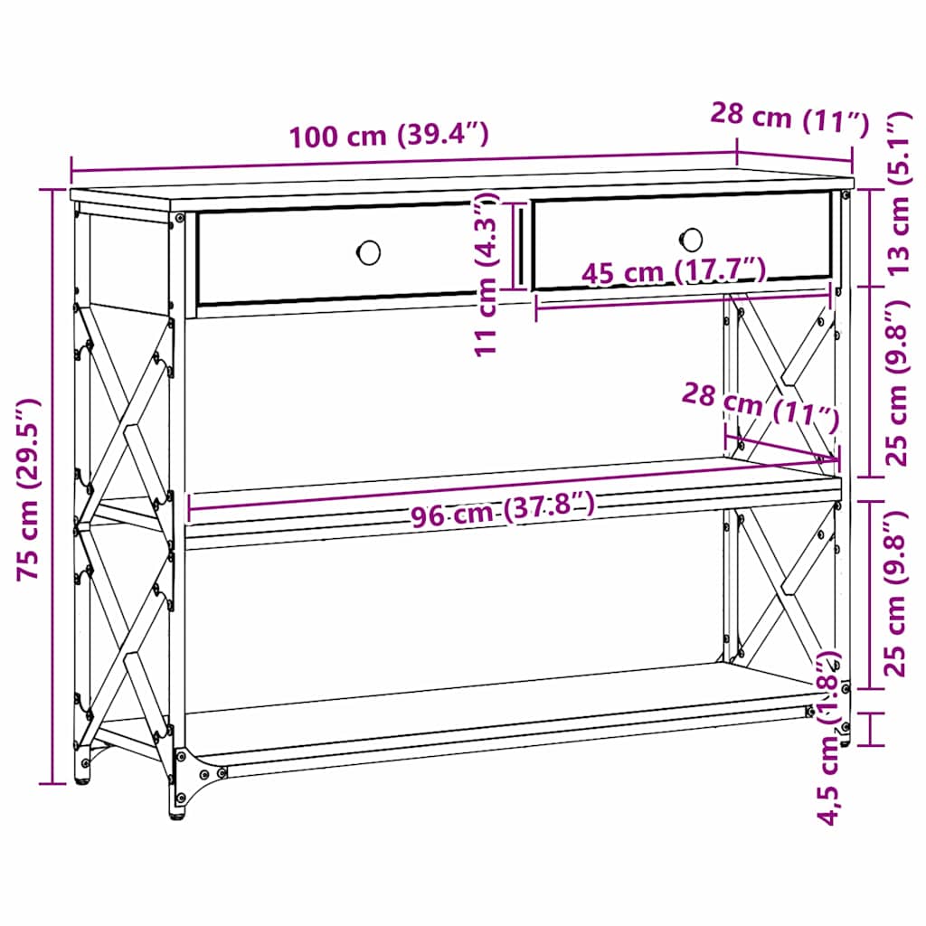 Konsole Tisch Altholz 100 x 28 x 75 cm Schichtholz und Metall