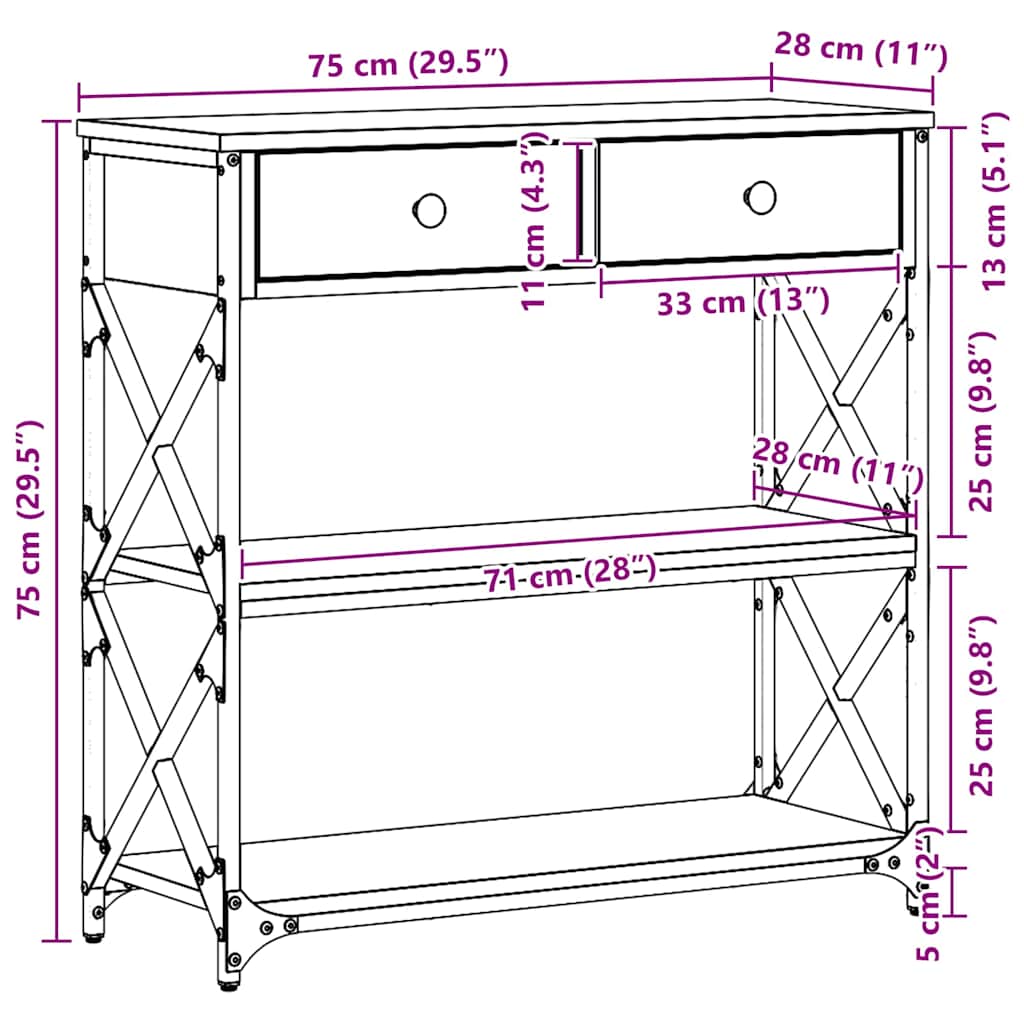 Konsole Tisch mit Schubladen Eiche handwerklich 75 x 28 x 75 cm