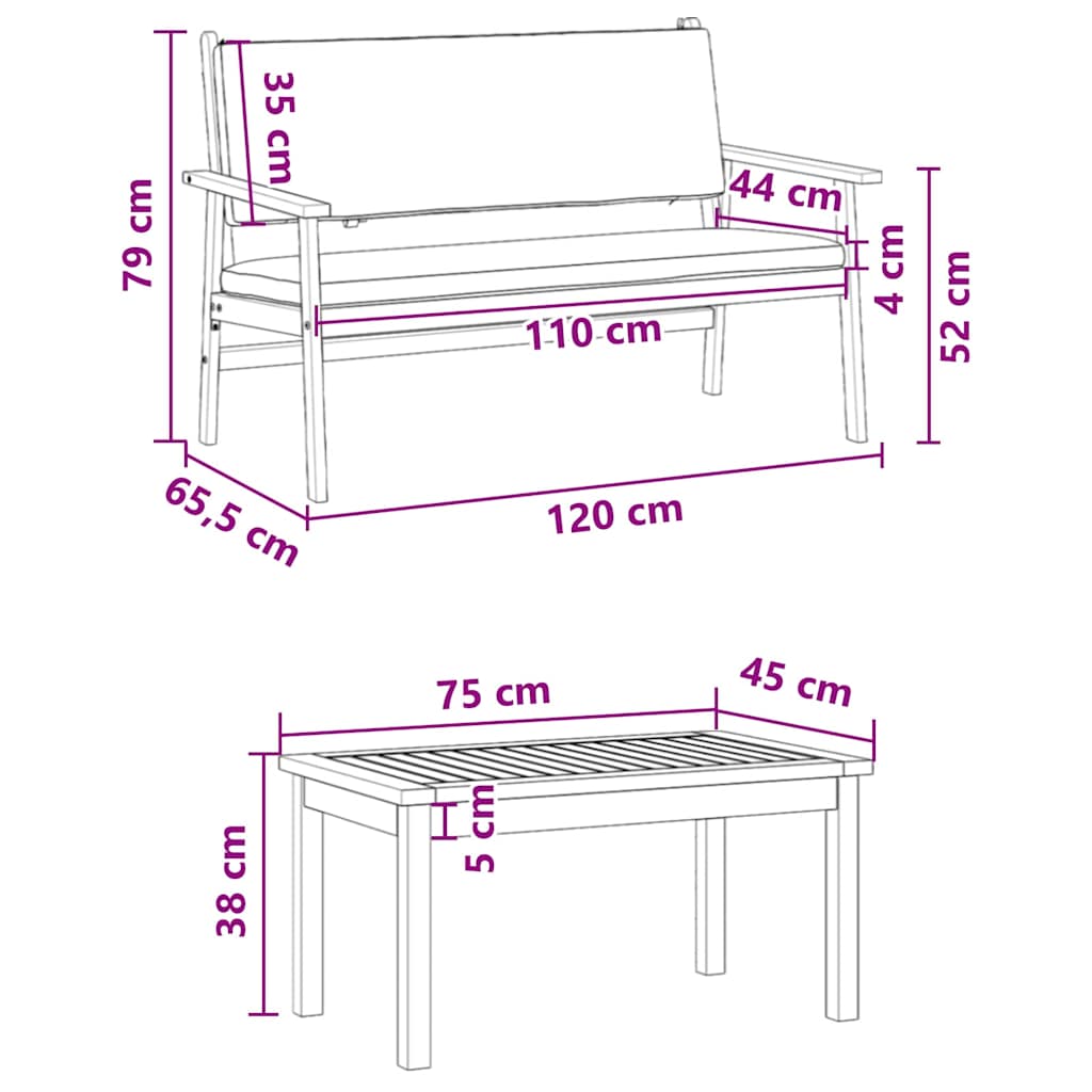 Garten-Sofa-Set 3 pcs Braun 75 x 45 x 38cm Massivholz Akazie