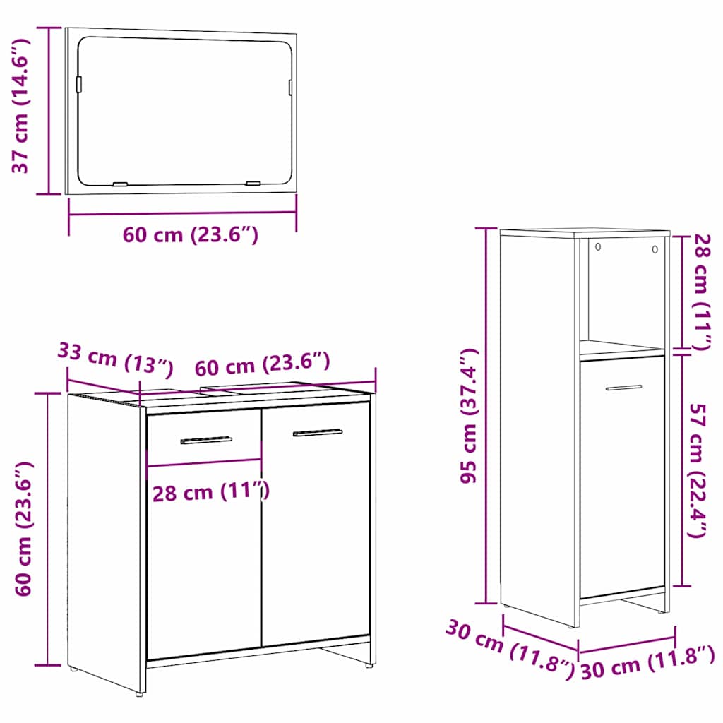 Badezimmermöbelset 3 pcs Schwarz Eichen-Optik 60 x 33 x 60 cm