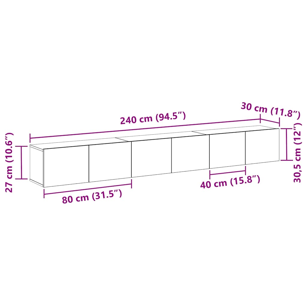 TV-Möbel-Set 3 pcs Schwarze Eiche 80 x 30 x 30 cm Holzwerkstoff
