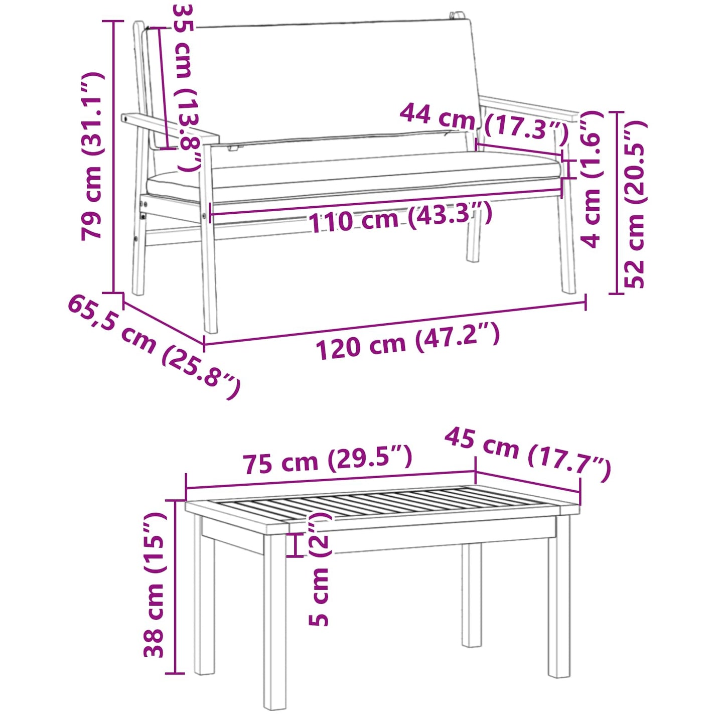 Garten-Sofa-Set mit Kissen 2 pcs Braun Massivholz Akazie
