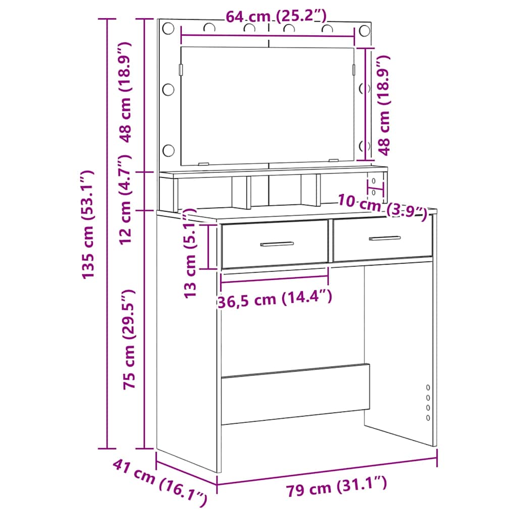 Schminktisch Eiche handwerklich 79 x 41 x 135 cm Holzwerkstoff