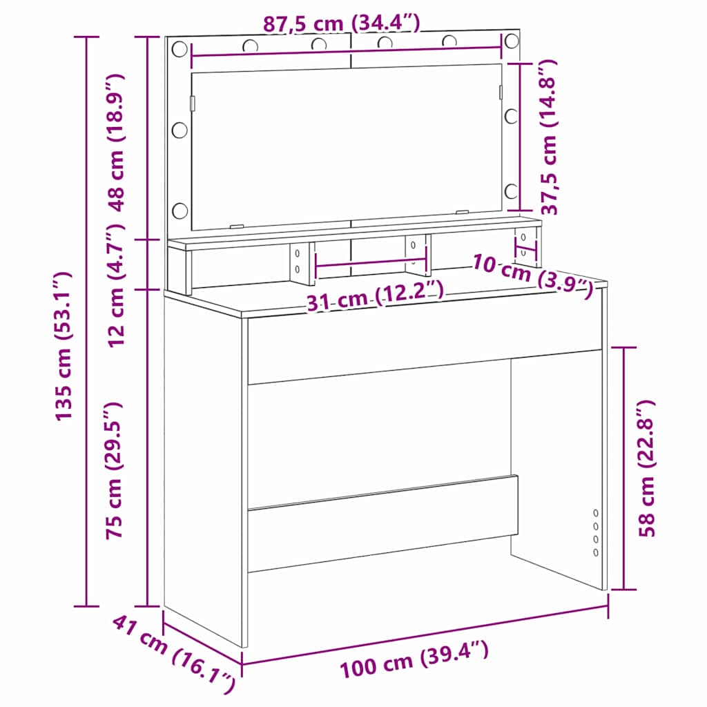Schminktisch Graues Sonoma 100 x 41 x 135 cm Holzwerkstoff