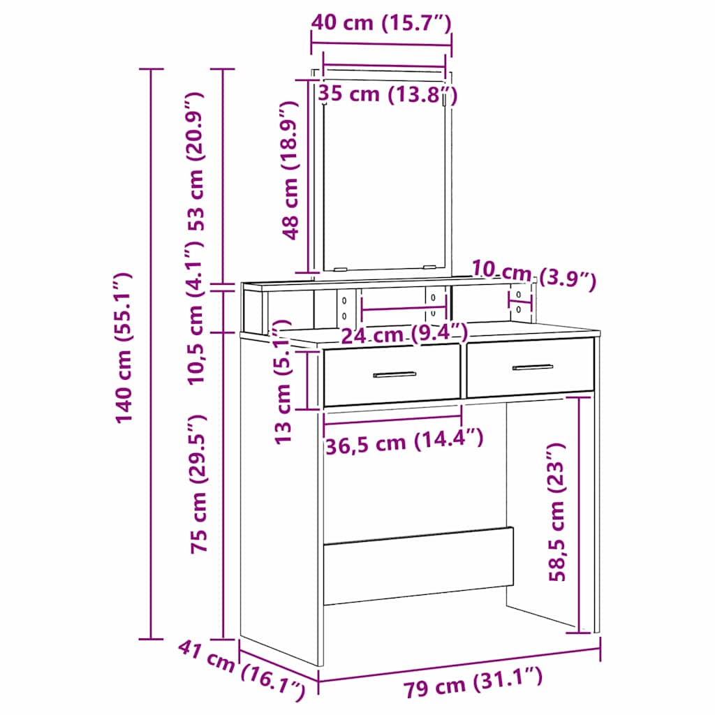 Schminktisch Sonoma Eiche 79 x 41 x 140 cm Holzwerkstoff