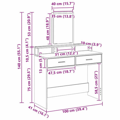 Schminktisch Eiche handwerklich 100 x 41 x 140 cm Holzwerkstoff