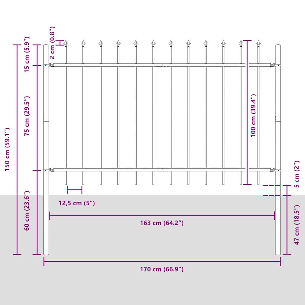 Gartenzaun Grau 5.1 x 1 m Pulverbeschichteter Stahl