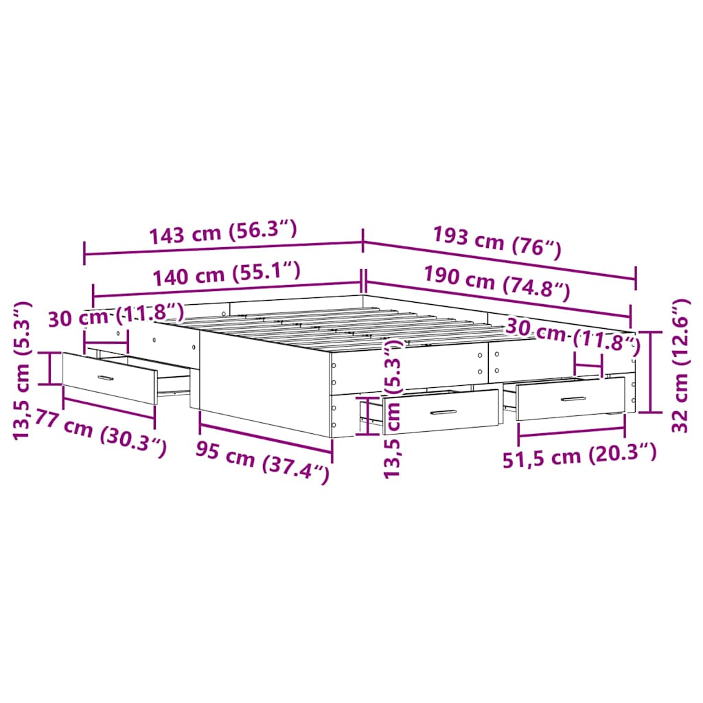 Bettrahmen Schwarz Eichen-Optik 140 x 190 cm Holzwerkstoff