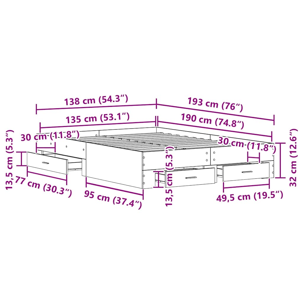 Bettrahmen Schwarz Eichen-Optik 135 x 190 cm Holzwerkstoff