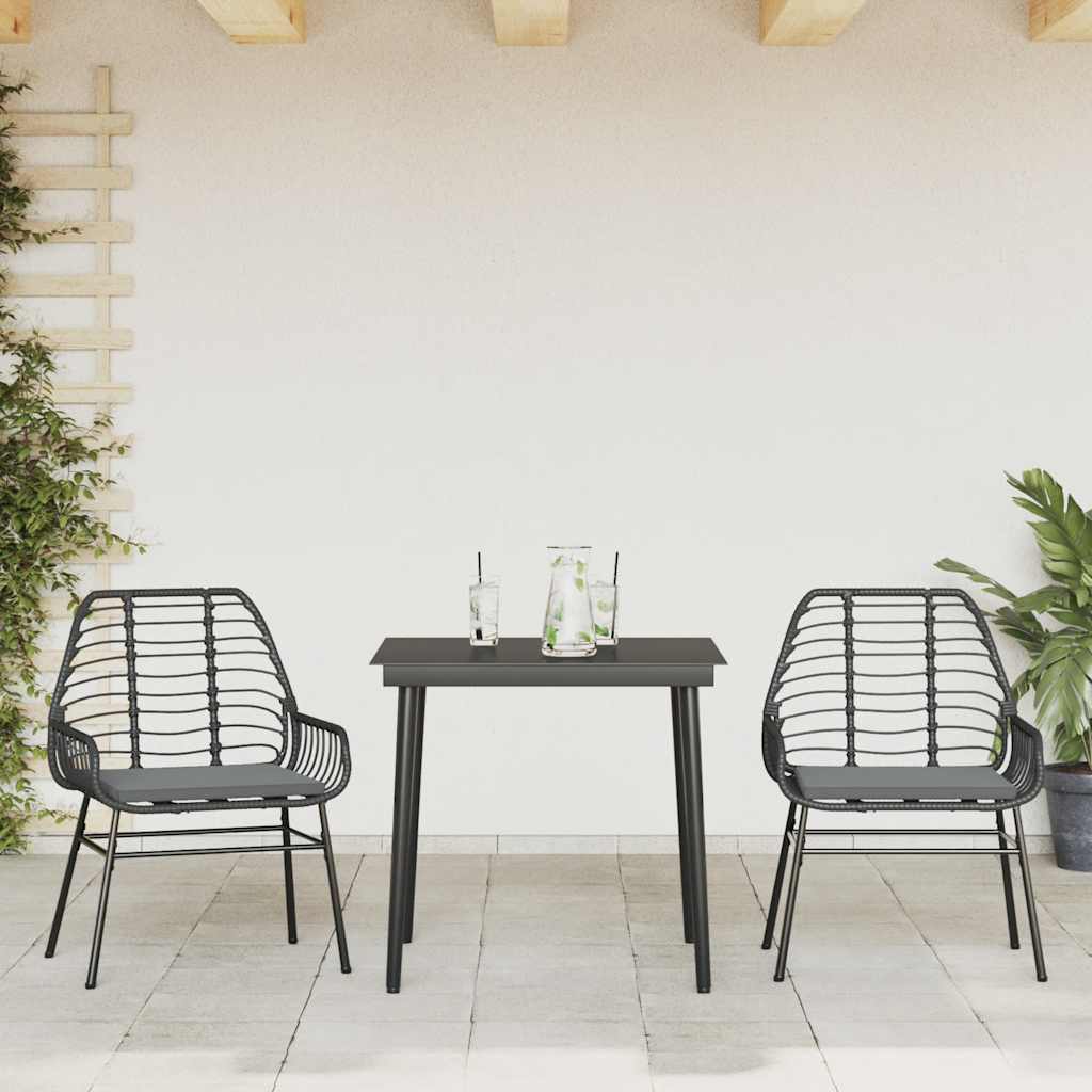 3-tlg. Garten-Essgruppe mit Kissen Schwarz Poly Rattan Glas