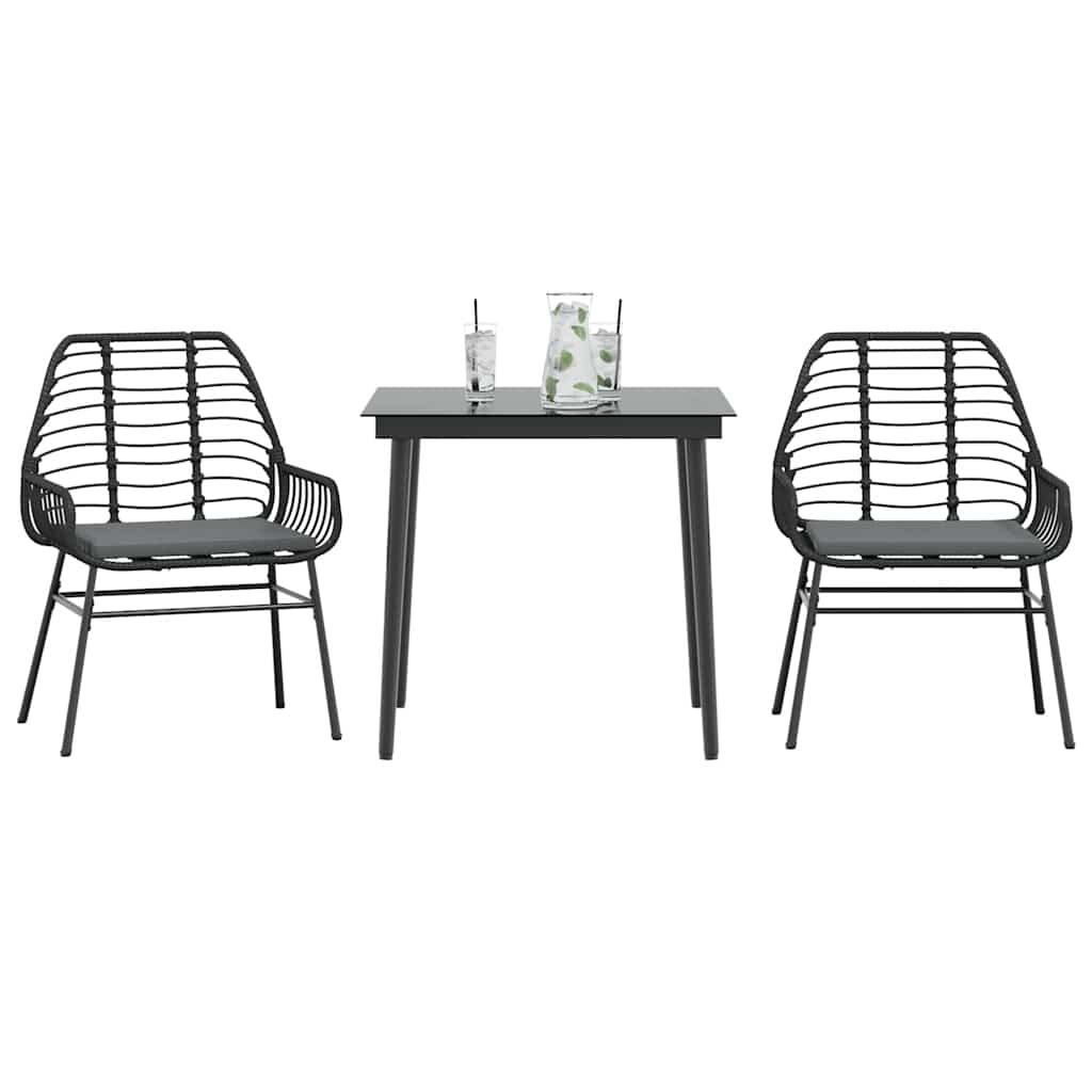 3-tlg. Garten-Essgruppe mit Kissen Schwarz Poly Rattan Glas