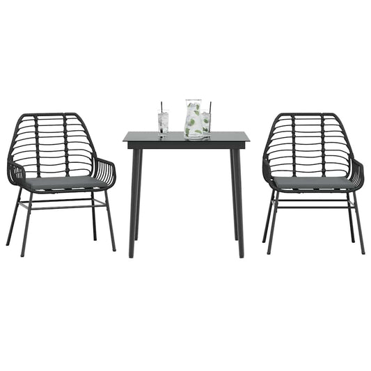 3-tlg. Garten-Essgruppe mit Kissen Schwarz Poly Rattan Glas