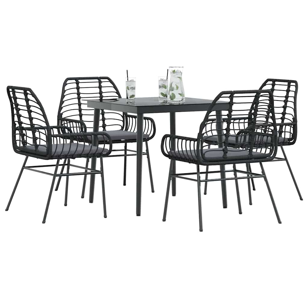 5-tlg. Garten-Essgruppe mit Kissen Schwarz Poly Rattan Glas