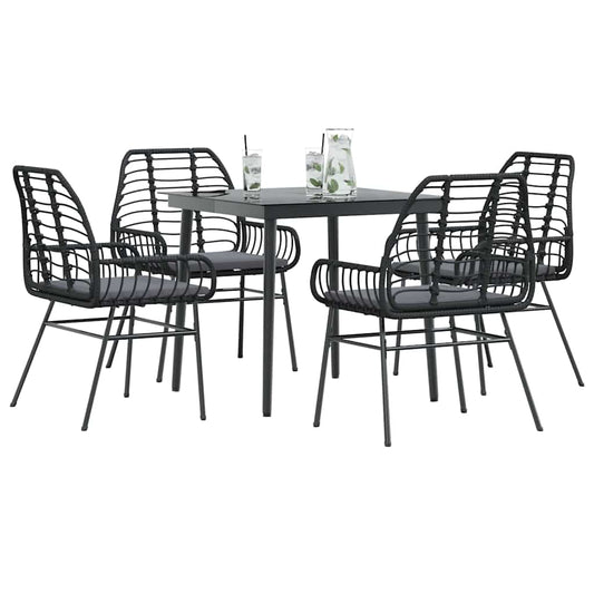 5-tlg. Garten-Essgruppe mit Kissen Schwarz Poly Rattan Glas