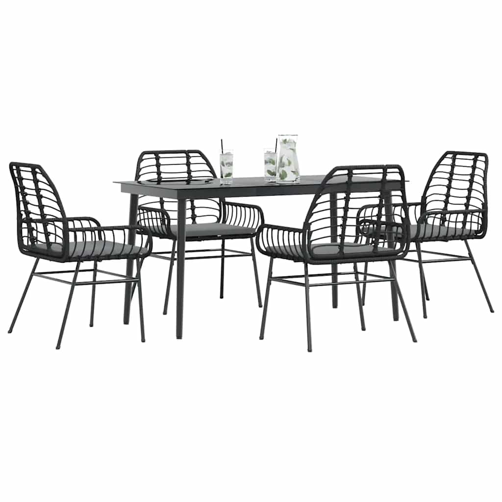 5-tlg. Garten-Essgruppe mit Kissen Schwarz Poly Rattan Glas