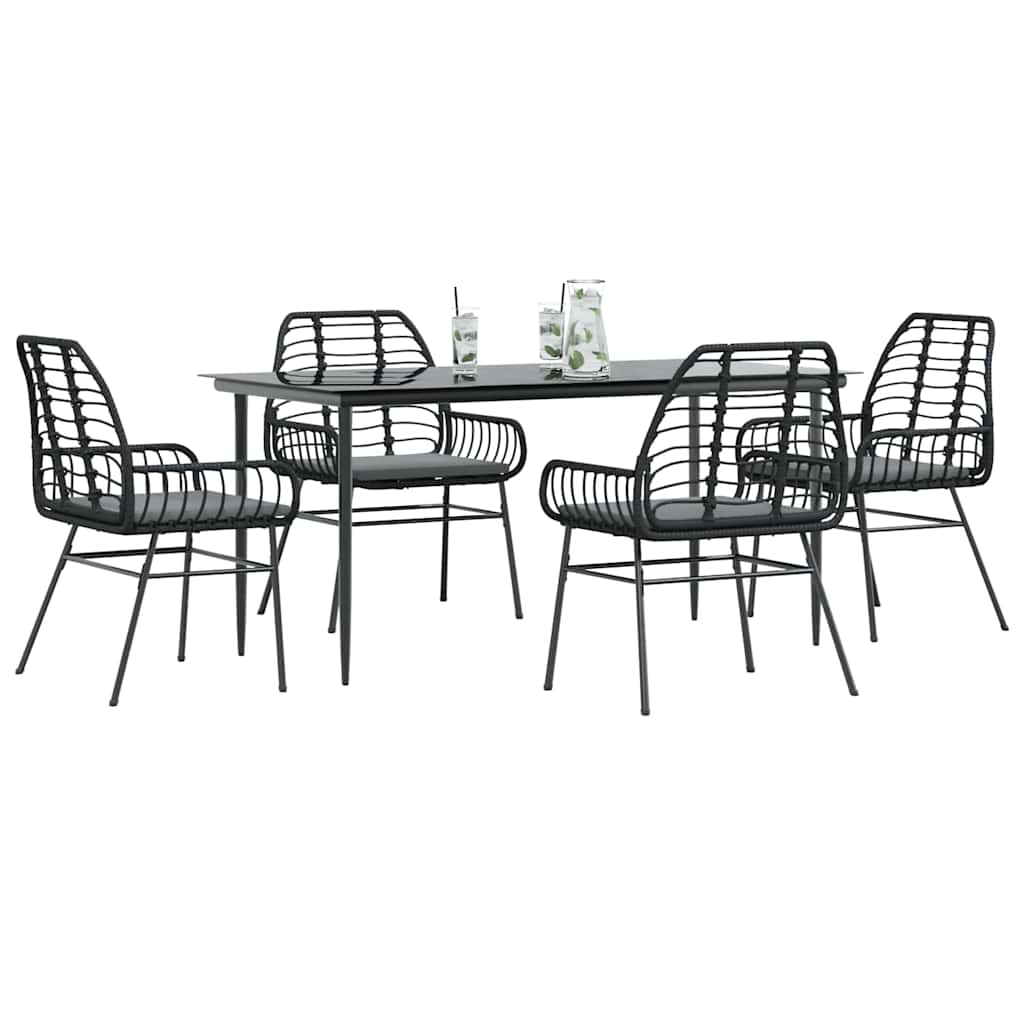 5-tlg. Garten-Essgruppe mit Kissen Schwarz Poly Rattan Glas