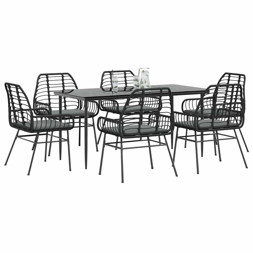 7-tlg. Garten-Essgruppe mit Kissen Schwarz Poly Rattan Glas