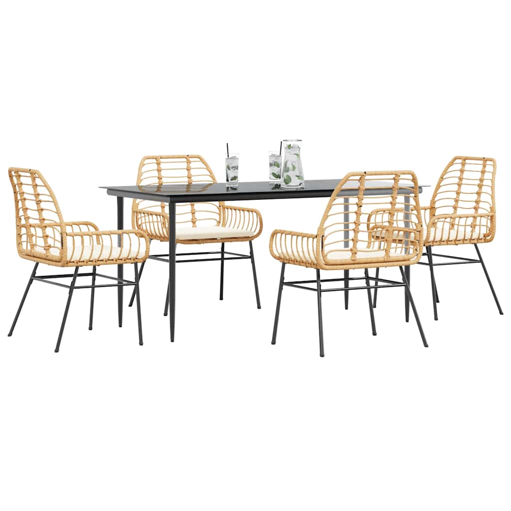 5-tlg. Garten-Essgruppe mit Kissen Braun Poly Rattan Glas