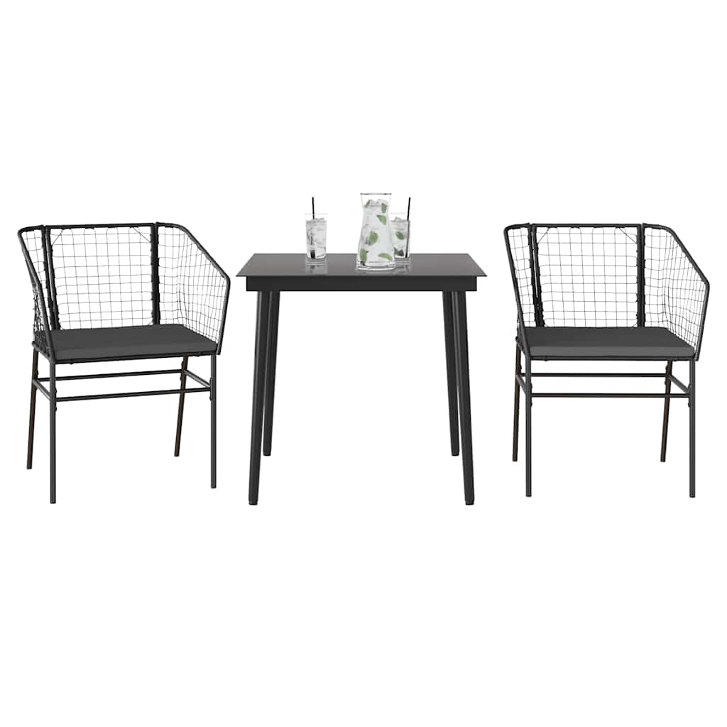 3-tlg. Garten-Essgruppe mit Kissen Schwarz Poly Rattan Glas