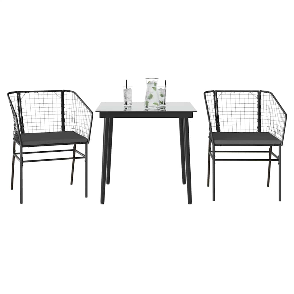 3-tlg. Garten-Essgruppe mit Kissen Schwarz Poly Rattan Glas
