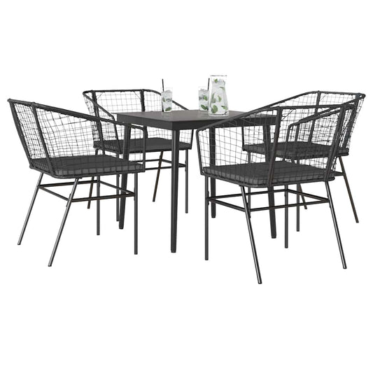 5-tlg. Garten-Essgruppe mit Kissen Schwarz Poly Rattan Glas