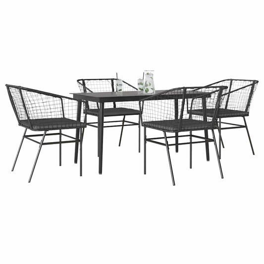 5-tlg. Garten-Essgruppe mit Kissen Schwarz Poly Rattan Glas
