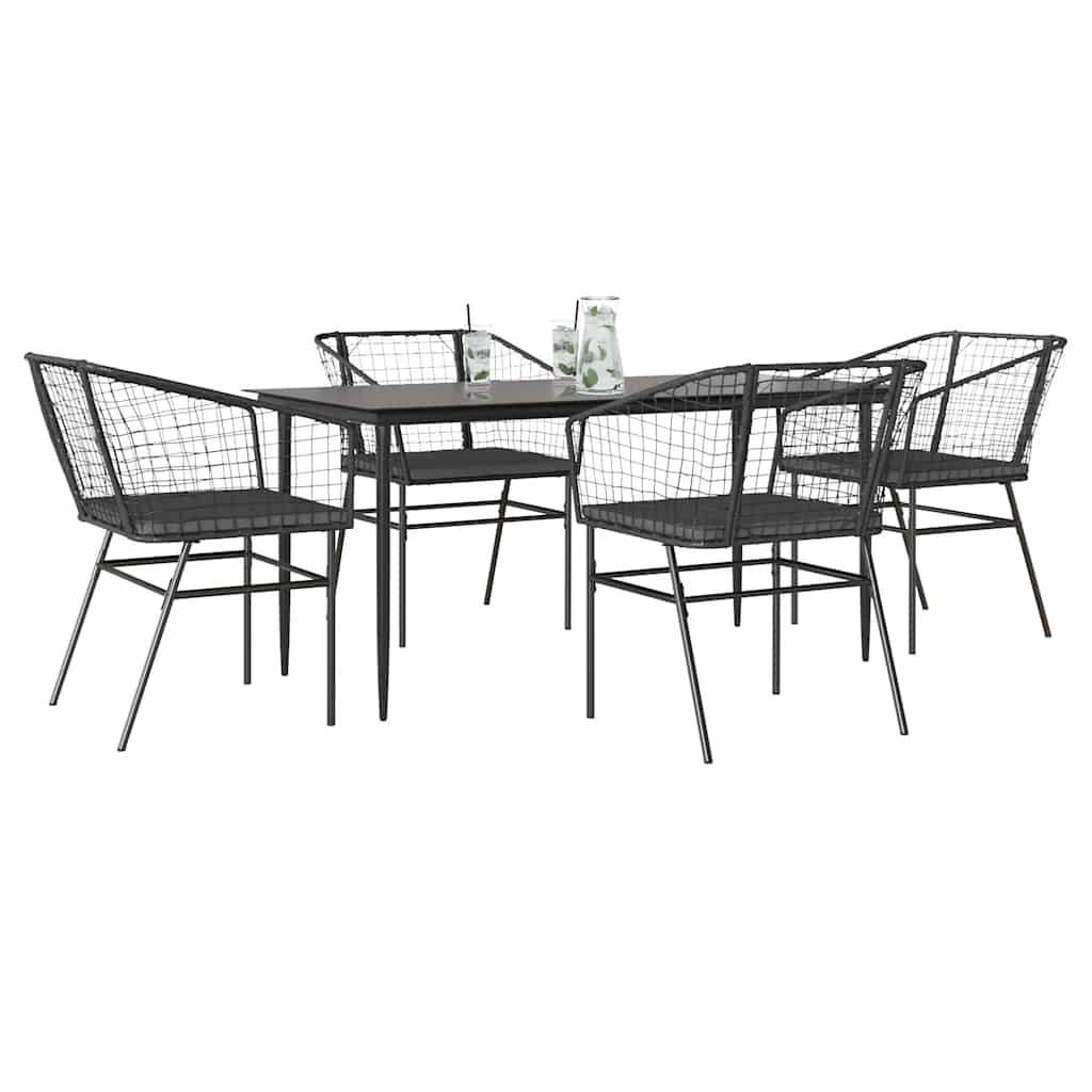 5-tlg. Garten-Essgruppe mit Kissen Schwarz Poly Rattan Glas