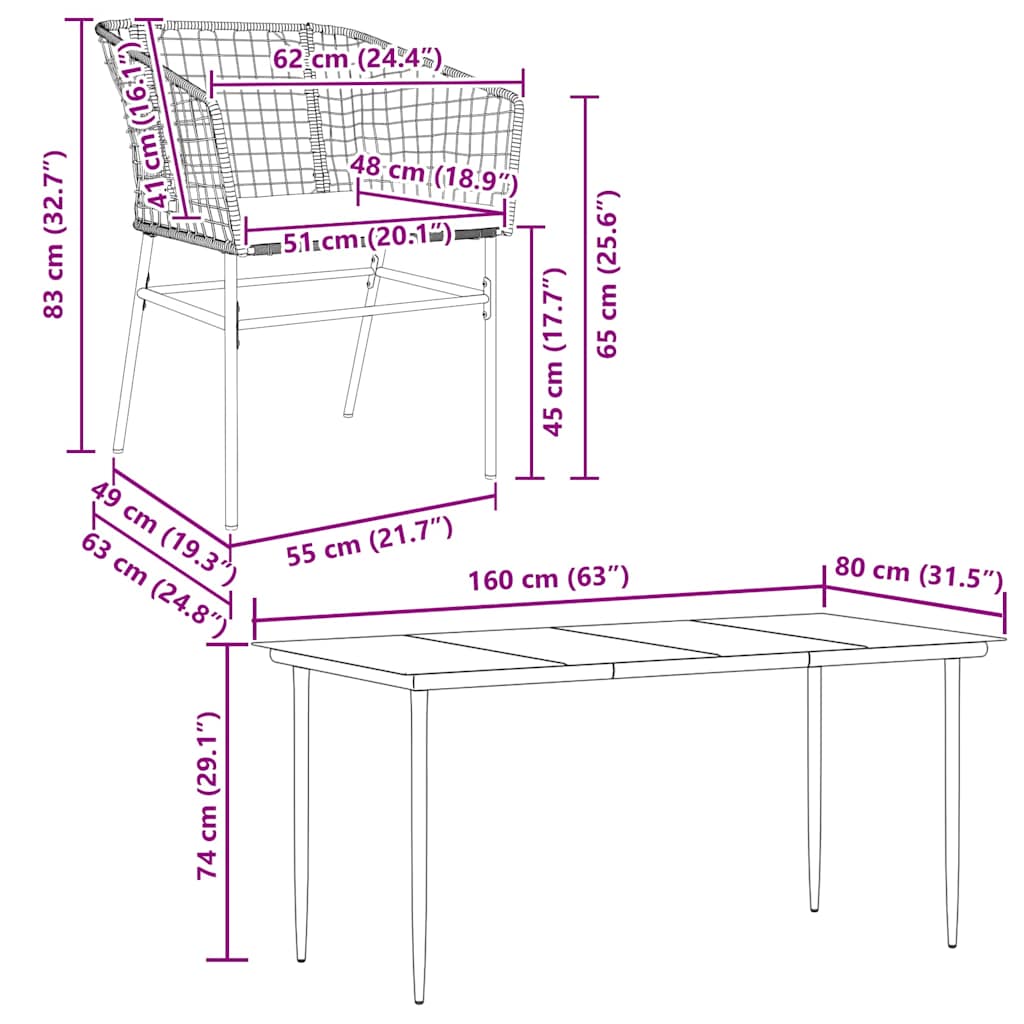 7-tlg. Garten-Essgruppe mit Kissen Schwarz Poly Rattan Glas