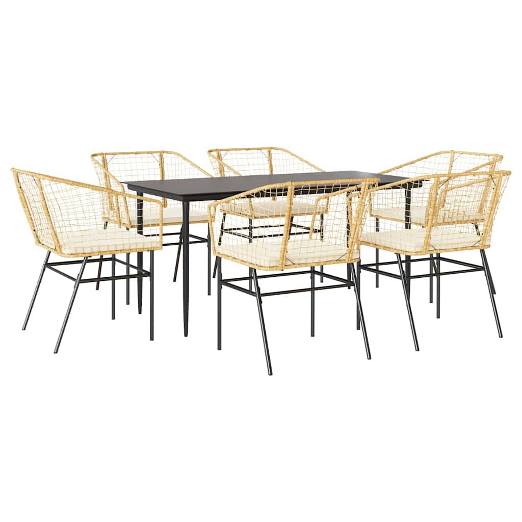 7-tlg. Garten-Essgruppe mit Kissen Braun Poly Rattan Glas