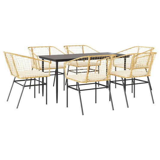 7-tlg. Garten-Essgruppe mit Kissen Braun Poly Rattan Glas